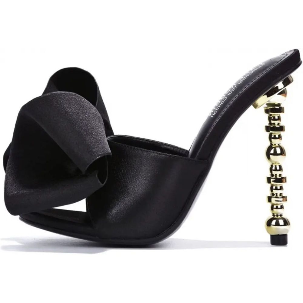 Cape Robbin Oversized Black Bow Detail Mule Gold Accent Bubble Heel/Stiletto